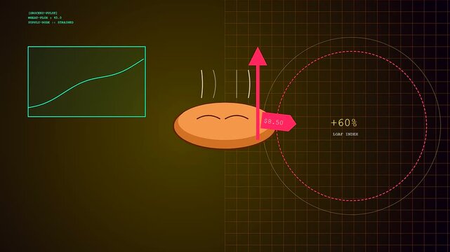 Grocery price rises are illustrated through an animated bread loaf icon floating above a rising red arrow on a dark digital interface showing fluctuating market indices