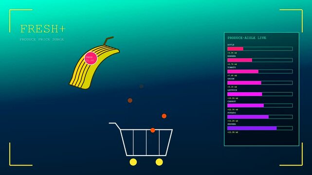 Grocery price rises are represented by an animated banana floating above a digital shopping cart while statistics fluctuate in a vertical column of data bars