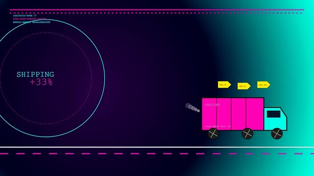 Grocery price rises are illustrated by a glowing digital pink delivery truck moving across a dark screen as transport percentages increase steadily over time