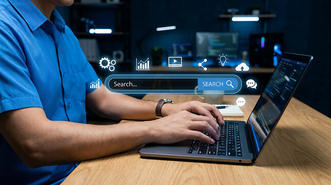 Person Typing On Laptop With Search Bar And Digital Icons Displayed