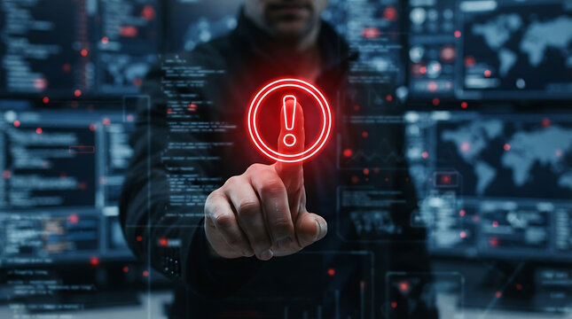 Person Pressing Warning Alert Icon On Digital Screen Interface