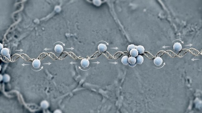 Protein beads glide along a DNA-like filament in one dimension, with spacing gaps, collision barriers, and diffusion arrows showing reversible binding, excluded volume, and density-dependent kinetics.