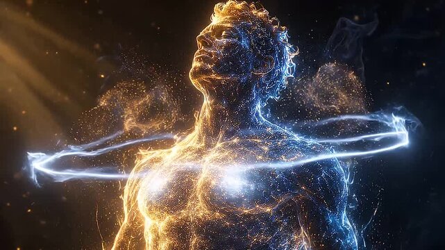 Glowing human figure surrounded by swirling energy rings, cosmic particles, and blue orange light in a futuristic spiritual transformation scene.