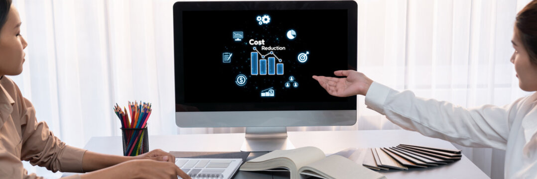 Cost reduction, cost saving concept shown on computer screen brisk, corporate business efficiently save cost and company resources by reduction of unnecessary expenses