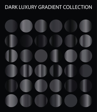 Dark luxury gradient collection, 36 black and charcoal metallic circle swatches, premium matte and glossy texture set for graphic design