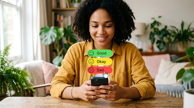 Woman Smiling While Using Mood Rating App On Smartphone At Home