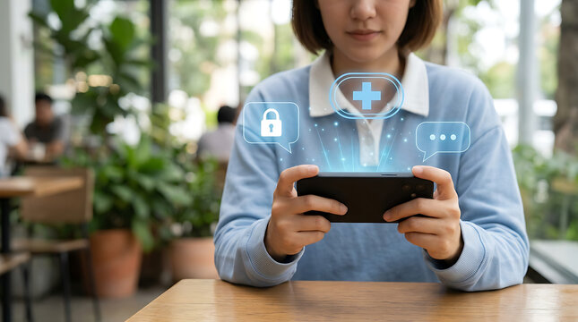 Young woman using mobile phone with digital health icons