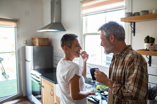 Smiling senior couple cooking together in home kitchen