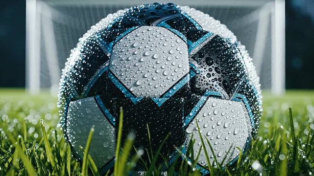 close up of soccer ball with water drops on green grass of football field against background of empty gates in evening during preparation for world cup 2026