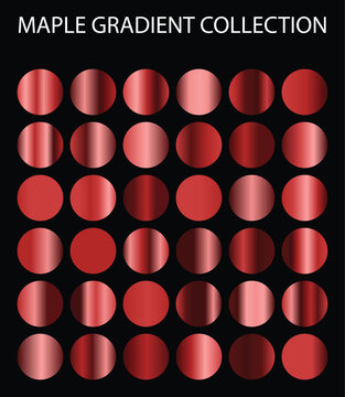 Maple gradient collection of 36 red metallic circles, luxury ruby and copper swatches for graphic design, elegant crimson foil textures on black background