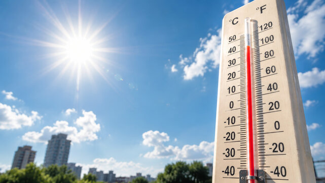 Outdoor thermometer showing dangerous high temperature during extreme summer heat wave featuring record breaking temperatures, heat advisory, public health risks, urban heat island
