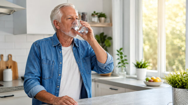 Senior man drinking water in modern home kitchen during hot summer weather following heat advisory by staying hydrated indoors avoiding peak sun hours supporting daily wellness with cooling routine