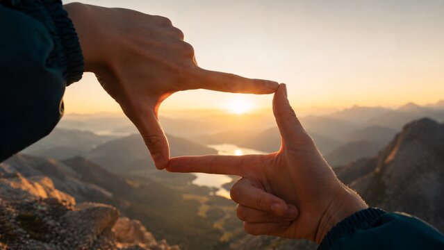 Hands making a picture frame gesture framing a beautiful golden sunset over a mountain lake landscape