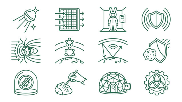 Aerospace and planetary defense icon set, asteroid shield symbols, scientific laboratory elements, line art, stock vector