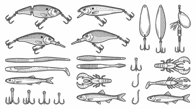 Vintage Fishing Lures and Tackle Engraving Illustration Set
