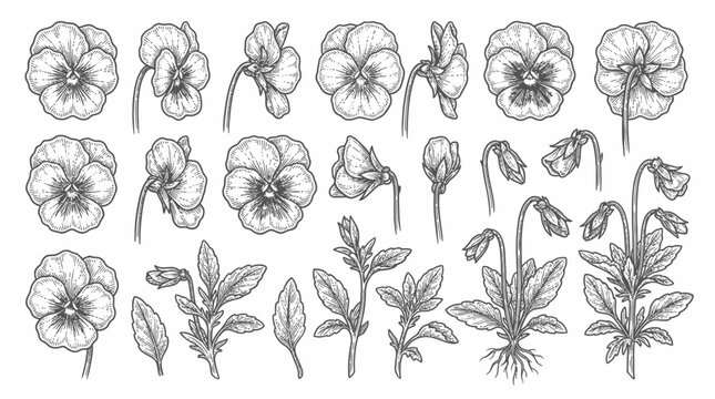 Vintage Pansy Flower Engraving Sketch Collection