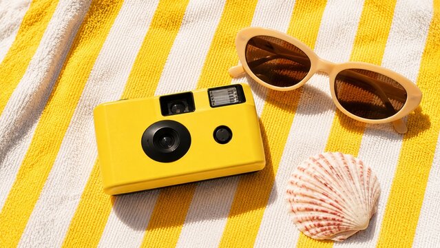 Summer beach flat lay with a yellow disposable camera, sunglasses, and seashells on a striped towel