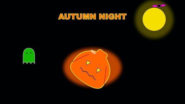 Minimalist vector animation with a jack o lantern ghost and moon for an autumn festival while emphasizing safety during wildfire prevention in dark night skies