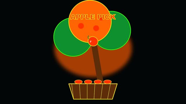 Digital animation of harvesting ripe fruit in an autumn festival setting demonstrating important wildfire prevention methods shown through simple moving trees and wooden baskets on screen