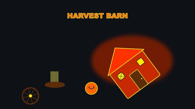 Animated cartoon sequence displaying a shifting farmhouse structure to promote an autumn festival alongside safety tips aimed at effective wildfire prevention for rural local community households