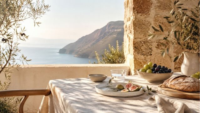 Mediterranean Breakfast Table on Seaside Terrace with Bread, Fruit and Olive Branches