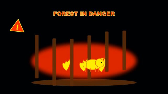Digital animation showing a small creature near burning trees during an autumn festival wildfire prevention educational sequence about protecting natural woodland areas from dangerous flame spreads