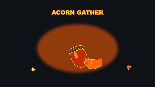 A small orange squirrel gathering acorns during an autumn festival animation where cute forest creatures show cautious habits for effective wildfire prevention in dark woods
