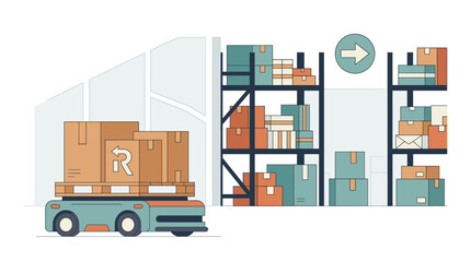 Naklejka premium Automated Warehouse Robot Transporting Pallet of Cardboard Boxes