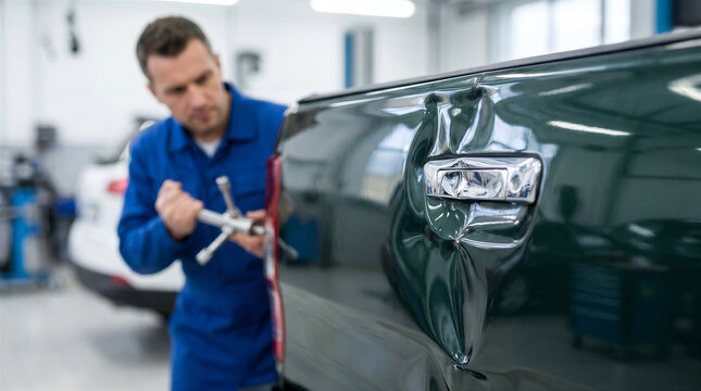 Professional mechanic in blue uniform inspecting a dented dark green pickup truck tailgate in a modern auto repair workshop