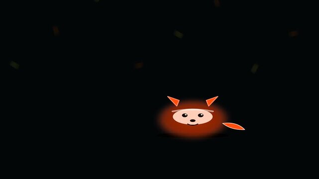 a cartoon animal character appears in three stages as a symbol for wildfire prevention during an autumn festival in a dark forest setting at night