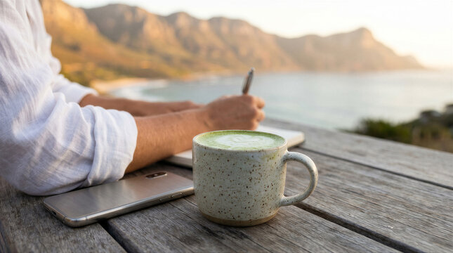 Person writing in a notebook with a matcha latte and smartphone on a wooden table overlooking the ocean and mountains at sunset