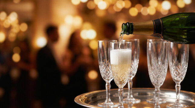 Champagne being poured into a crystal glass on a silver tray at a festive party with blurred lights in the background