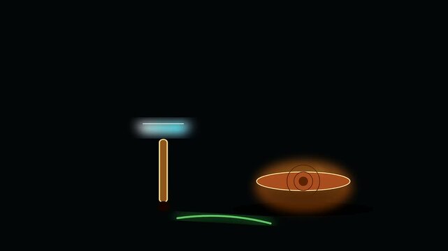 A glowing mallet strikes near an orange eye during an autumn festival display featuring visual effects meant for wildfire prevention and safety awareness training animations