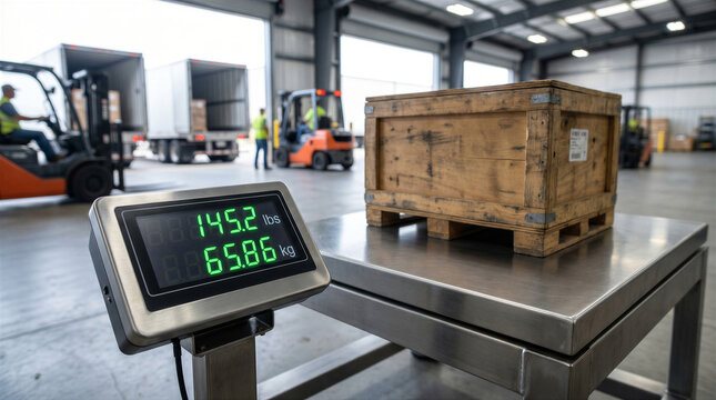 Industrial warehouse scale displaying weight of a wooden crate on a pallet with forklifts loading trucks in the background