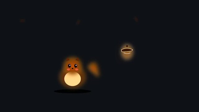 A glowing cartoon squirrel jumps through dark air during the autumn festival while floating acorns suggest important safety tips for effective wildfire prevention and awareness