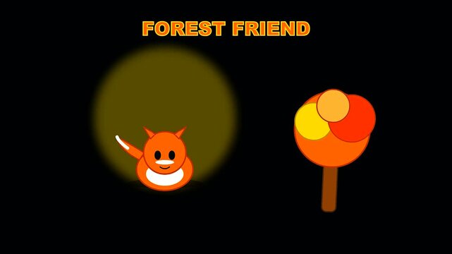 Animated orange fox character blinking near a stylized tree during an autumn festival animation designed to promote public awareness for essential forest wildfire prevention safety