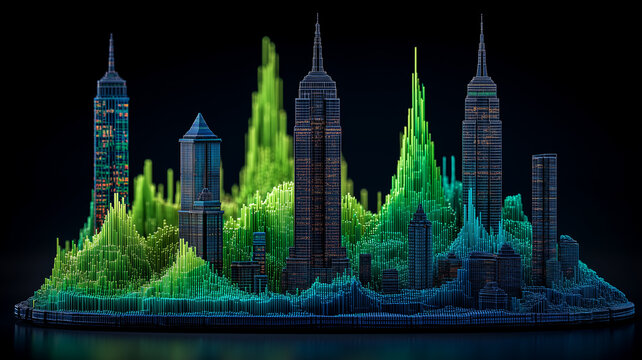 Digital city skyline built from data bars representing smart urban analytics, real estate trends, and economic growth.

