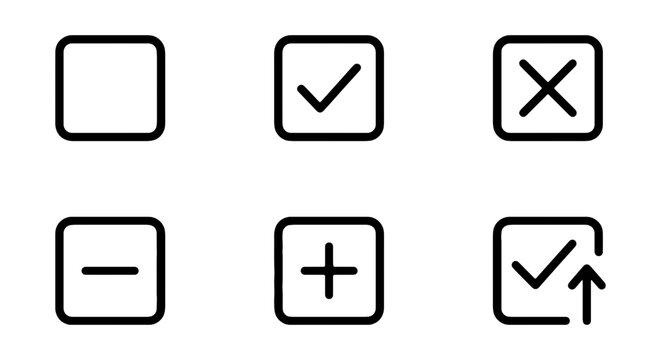 Vector Set: Checkmark, Cross, Plus, Minus, Square, Upload Icons. Simple UI Symbols for Apps and Web.