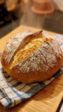 Freshly Baked Sourdough Bread Boule with Crispy Golden Crust