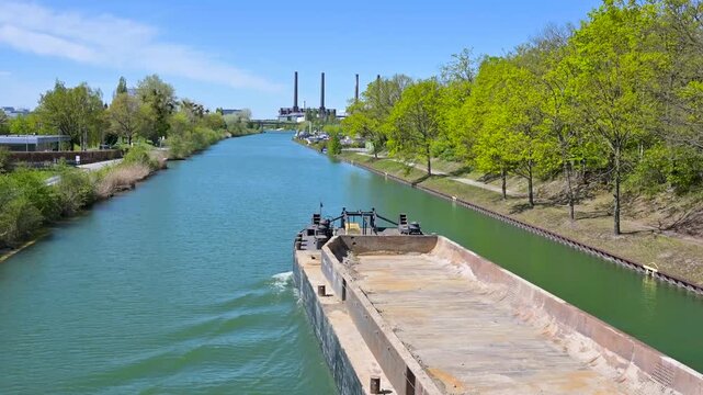 Industrial barge sailing (navigating) along water canal in Wolfsburg in spring day. Commercial cargo barge moving through a narrow shipping channel on sunny day. 4K video footage