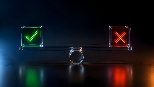 Glass seesaw balancing glowing green checkmark and red cross signs, representing decision making, right versus wrong, pros and cons, ethics, and balance