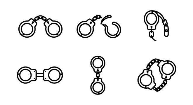 Handcuffs Icons Set, Police Restraint Symbols, Law Enforcement Arrest Tools, Security Metal Chains