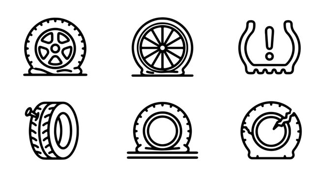 Flat Tire Icons, Damaged Wheel Vector Set, Car Maintenance Symbols