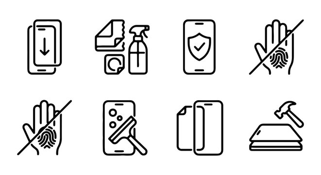 Smartphone Screen Protector Installation Icons, Mobile Device Protection, Application Tools, Fingerprint Sensor Symbols
