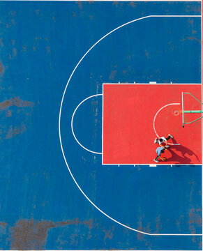 aerial view of two students playing one-on-one basketball on a vibrant red and blue school court. Bright sunlight casts long dramatic shadows, highlighting active outdoor sports and fitness.	