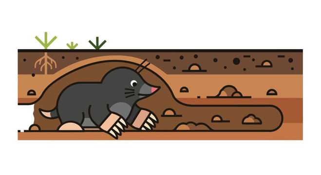 Cute cartoon mole digging a tunnel underground, showing roots and soil layers