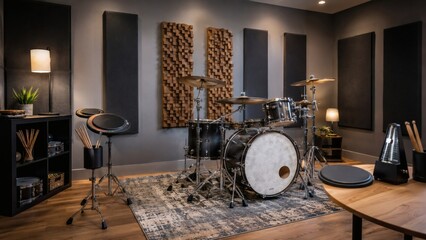Fototapeta premium Modern Drum Practice Studio with Drum Kit, Acoustic Panels and Percussion Pads