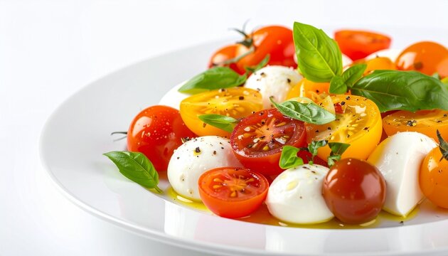 Caprese Salad Delight: A vibrant Caprese salad featuring ripe cherry tomatoes, fresh mozzarella balls, and fragrant basil leaves, drizzled with olive oil and seasoned to perfection.
