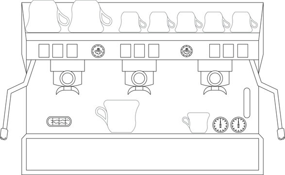 Technical CAD line drawing of a commercial espresso machine featuring three group heads, cup warmer, control panels, steam wands, pressure gauges, and drip tray.