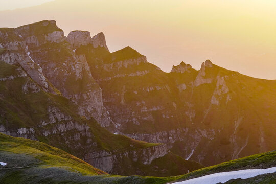 mountains in the evening, sunset from Omu Peak to Tiganesti Mountain, Romania 